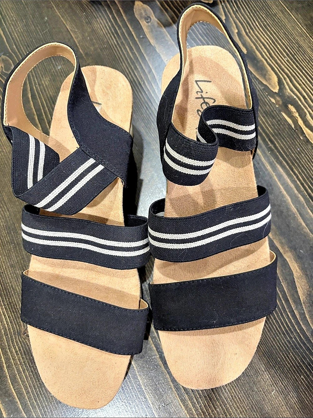 LifeStride Seaside Striped Wedge Sandals Black & White US 7 1/2